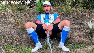 Horny Soccer player male-pussy outdoor training with cum and milk enema in the football ki