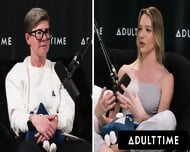 ADULT TIME – Busty Lesbians Octavia Red Kenna James CAUGHT EATING PUSSY On Podcast Set! FULL SCENE