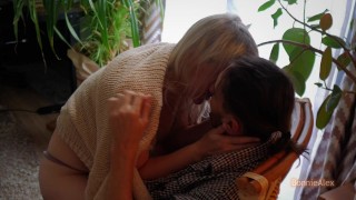 Cuddling, caressing, loving and sensual sex on a squishy chair