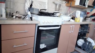 Amateur hairy brunette, big tits, sensual hairy woman in the kitchen.